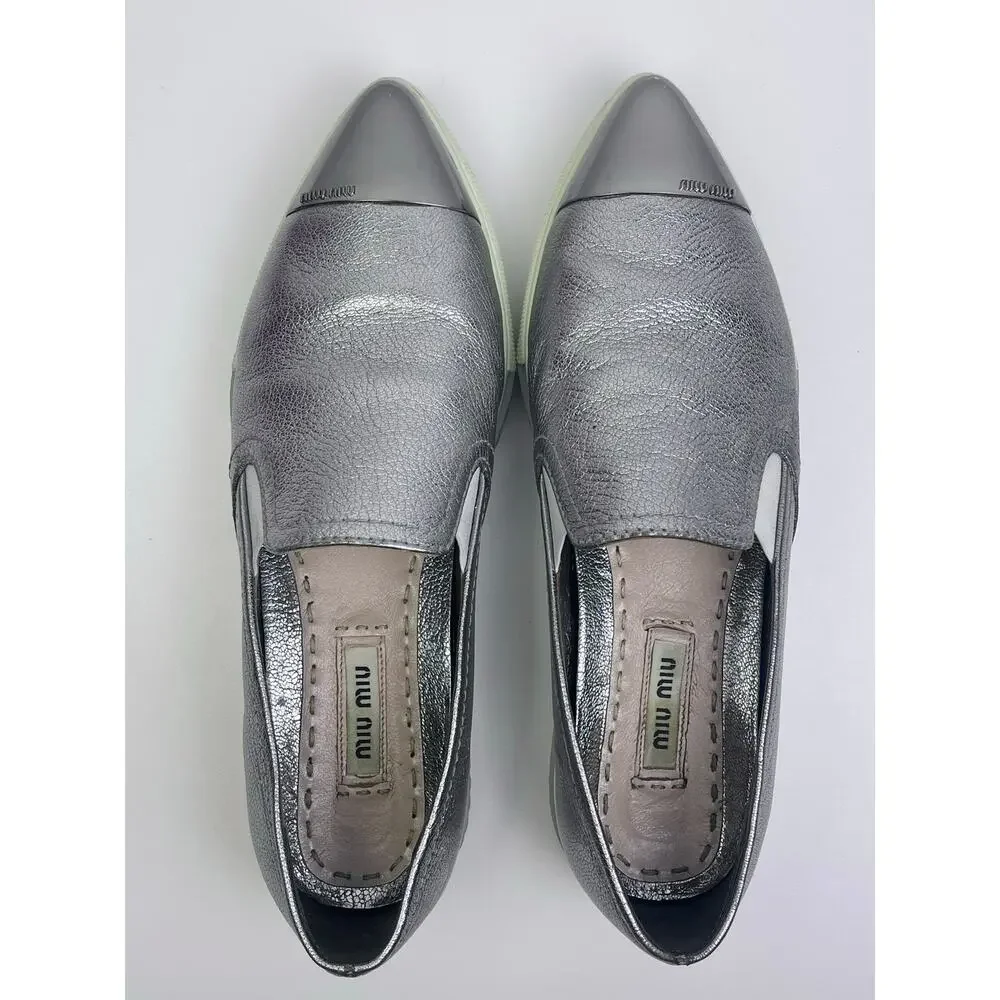 Miu Miu Silver Leather Pointed Toe Slip On Sneakers Loafers Sz 5.5 Prada - Picture 5 of 10